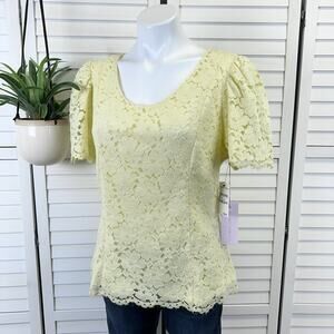 New Rachel Parcell Yellow‎ Clover Lace Blouse Top Short Flutter Sleeve Size L
